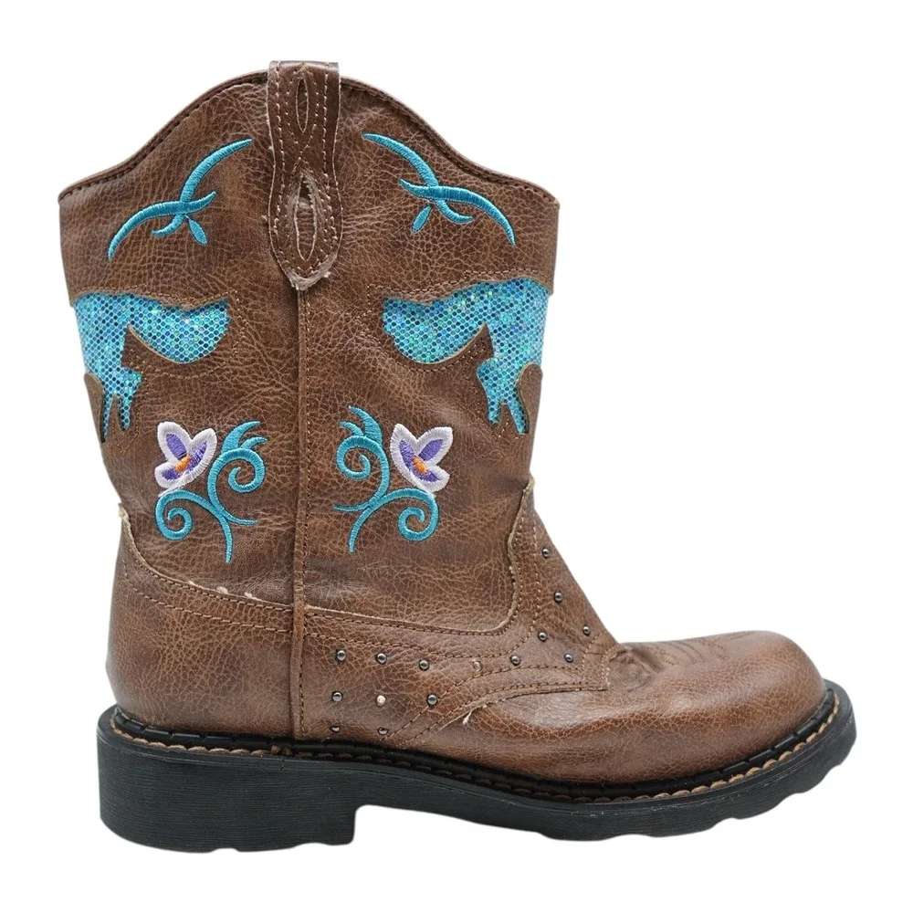 Roper Cowboy Boots Girls Size 2 Brown Turquoise Glitter Light Up Western Logo